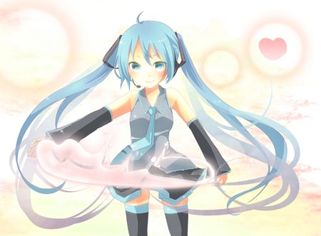 Hatsune Miku - tie, pretty, artistic, heart, pink, uniform, headphones, nice, program, thighhighs, beauty, virtual, cg, white, gray, cute, aqua eyes, song, vocaloid, anime, twintail, hatsune miku, microphone, music, aqua, circle, art, idol, anime girl, skirt, beautiful, singer, girl, cool, black, bubble, miku, awesome, diva, digital, aqua hair, hatsune, vocaloids, headset