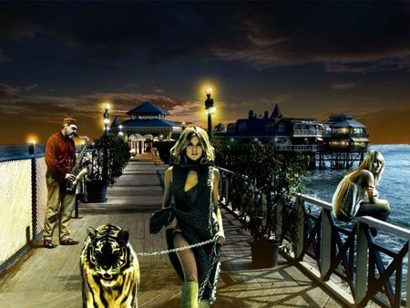 A WALK ON THE WILD SIDE - sky, ocean, sunset, females, pier, evening, wild, dusk, tiger