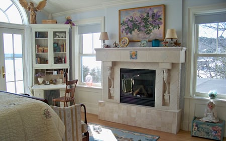 Comfortable Bedroom - pretty, room, books, bed, fireplace, fire, ornaments, bookcase, lamps, house, paintings, curtains, windows, mantle, vases, chair, cosy