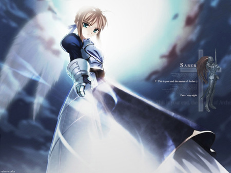 The Knight from Heaven - moon, saber, servant, angel, wings, fate stay night, white, arturia, game, anime, excalibur