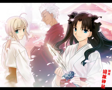 Miko Shrine & Priest - priest, saber, servant, archer, fate stay night, miko, emiya, arturia, rin, pretty, sakura, game, shrine, anime, master