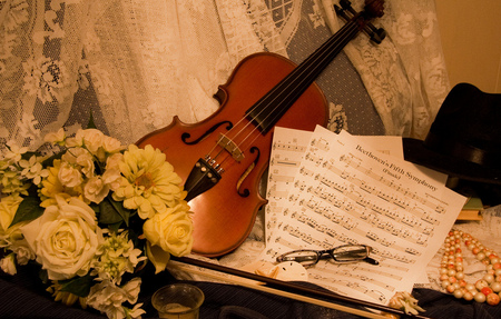 Musical scores - roses, scores, yellow, musical, photo, flowers, music, hat, abstract, violin, photography, beads, table, lace, still life, black, white, glasses