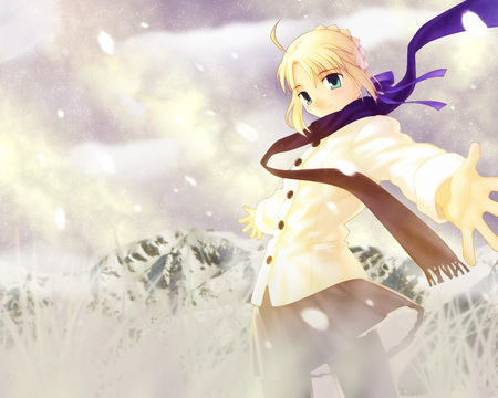 Winter Sonata - saber, arturia, game, anime, blue, snow, grass, smile, scarf, field, fate stay night