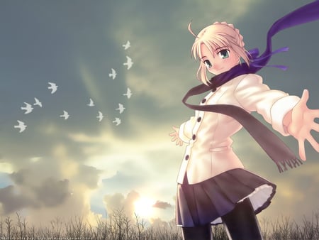 Welcome To My Favorite Spot !! - saber, scarf, fate stay night, arturia, game, beautiful, blue, anime, smile, sunrise, birds