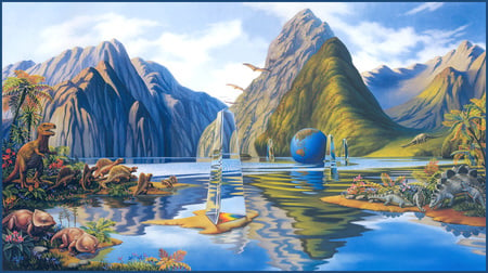 Primitiva - dinosaur, lake, earth, crystal, mountain