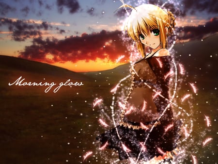 The Morning Glow - saber, arturia, game, anime, girl, sunrise, morning, servant, knight, glowing, king, fate stay night