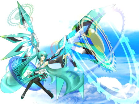 Wings of Freedom - vocaloid, green wings, game, wings, blue sky, hatsune miku, green hair, sky