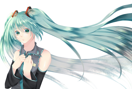 Hatsune Miku - tie, pretty, angel, uniform, hope, nice, program, beauty, virtual, white, gray, wings, cute, aqua eyes, feathers, song, vocaloid, anime, blue, twintail, hatsune miku, music, aqua, idol, anime girl, beautiful, singer, girl, cool, pray, black, miku, awesome, diva, aqua hair, hatsune, vocaloids