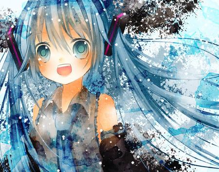 Hatsune Miku - aqua, music, anime girl, white, art, cool, aqua eyes, artistic, hatsune miku, song, vocaloids, program, vocaloid, beautiful, uniform, diva, nice, beauty, twintail, singer, aqua hair, black, virtual, painting, pretty, idol, anime, miku, cute, girl, drawing, cg, hatsune, tie, digital, awesome, gray