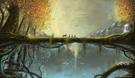 The Path of Dream - abstract, birds, man, horse, tree, path, fantasy, mountains, wallpaper