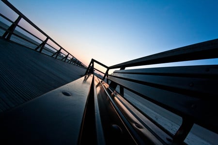 Park Bench on a Footbridge - clouds, sunset, beach, bench, park, bridge