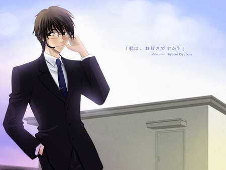 Hiyama Kiyoteru - male, short hair, vocaloid, anime, glasses, hiyama kiyoteru, brown hair, suit