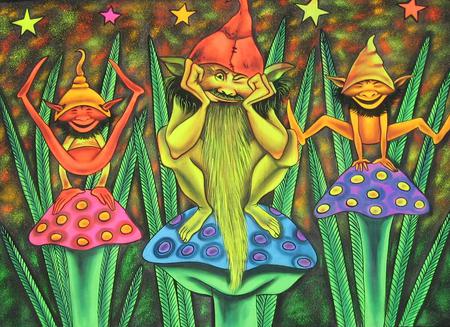 PIXIE LANDSCAPE - toad, three, pixies, stool