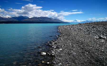 Healing Waters - sky, beach, mountains, bright, lakes, nature, beautiful, clouds, blue, rocky