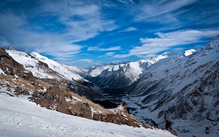 Mountains - valley, alpine, mountains, nature, snow, beautiful, clouds, blue, pass, skies