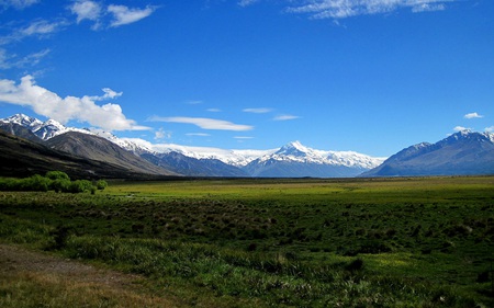 Sheep Heaven - clouds, blue, fields, beautiful, snow, capped, nature, green, mountains, loomin in the distance, sky