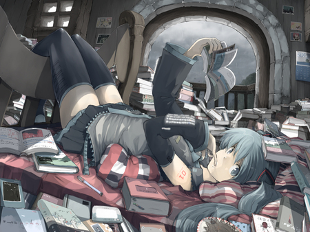 Hatsune Miku - tie, pretty, artistic, library, book, uniform, headphones, bench, nice, program, hot, thighhighs, beauty, virtual, chair, cg, white, gray, cute, aqua eyes, song, sexy, vocaloid, anime, blue, twintail, hatsune miku, books, microphone, music, aqua, pose, art, idol, anime girl, skirt, beautiful, reading, table, singer, girl, cool, black, miku, awesome, diva, digital, aqua hair, hatsune, vocaloids, headset, mysterious