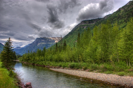 Glacier Park - river, trees, mountains, green