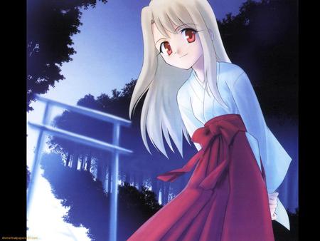 Young Miko Ilya - game, anime, maiden, white hair, red eyes, ilya, shrine, miko, fate stay night