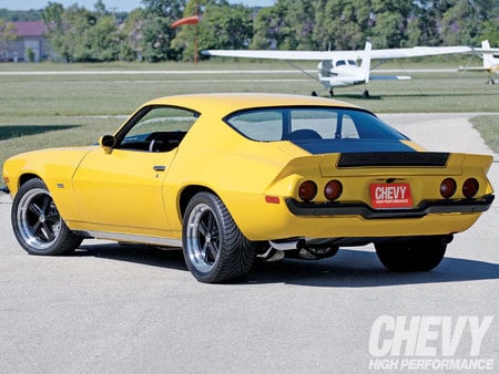 Rear of 73 - bowtie, yellow, camaro, gm