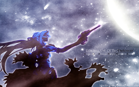 Reaching Out of The Darkness - moon, gun, light, darkness, black, xenosaga, game, anime, mecha, kos-mos