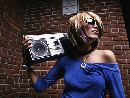 Rock Babe With Radio - style, rock, blonde, hip hop, hot, girl, hd, blue, babe, radio, music