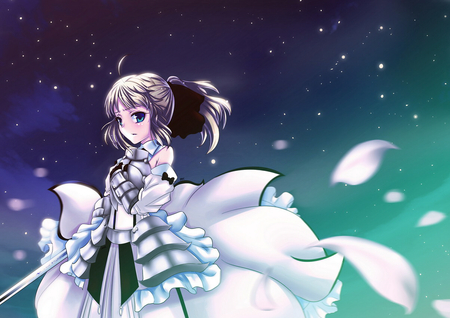 The Night of Lily - arturia, game, anime, ponytail, blonde hair, night, flower, armor, saber lily, white, fate stay night