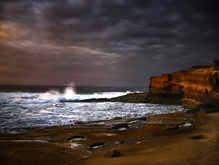 Pacific Ocean - pacific, amazing, beach, shore, san diego, sky, clouds, oceans, water, white, nature, california, places, waves, background, seascape, rocks