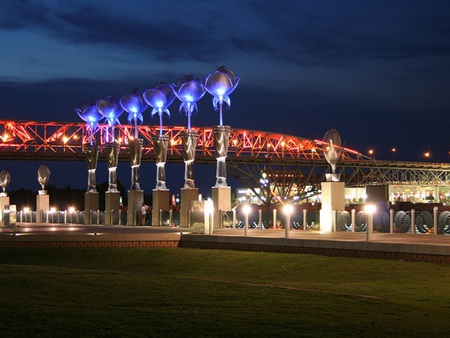 Neon lights - river, neon, my town, bridge