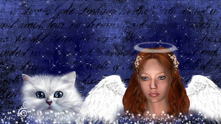 Angels Cat - cat, stars, girl, blue, halo, firefox persona, blue eyes, woman, angel