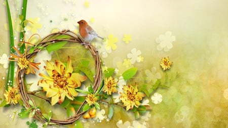 Little Brown Bird - bird, firefox persona, bokeh, flowers, gold, yellow, nature