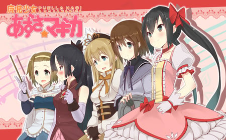 K-on - tainaka ritsu, twintails, cosplay, dress, akiyama mio, k-on, nakano azusa, parody, mahou shoujo madoka magica, kotobuki tsumugi, hirasawa yui