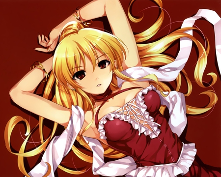 Beauty - anime, blond, red dress, girl, beauty, beautyful, long hair