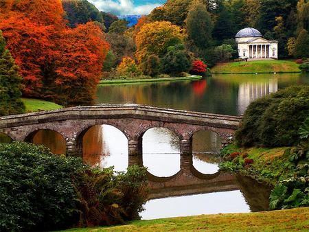 reflection - autumn, garden, lake, reflection, bridge