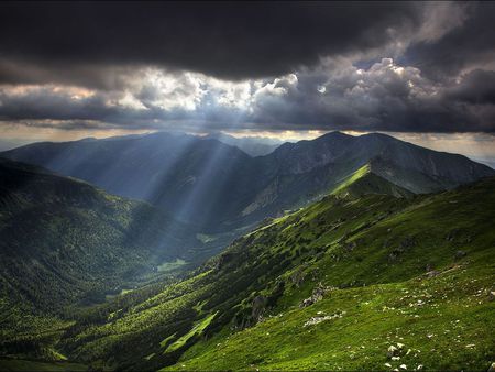 Sun Rays on the Hills - rays, sun, photography, mountains, nature, grey, clouds, green, grass