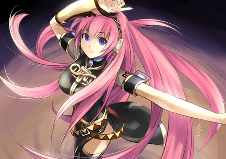 Megurine Luka - aqua, hot, headset, thighhighs, music, anime girl, white, art, cool, aqua eyes, artistic, sexy, light, song, vocaloids, program, glow, vocaloid, beautiful, pink, uniform, diva, nice, beauty, singer, black, virtual, pretty, idol, megurine luka, anime, cute, megurine, luka, girl, pink hair, gold, cg, microphone, headphones, digital, awesome