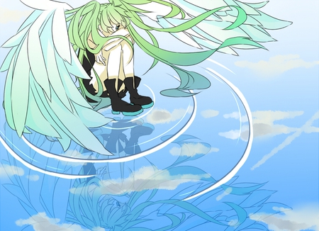 Angel Miku - tie, pretty, artistic, angel, uniform, sad, nice, program, thighhighs, beauty, virtual, cg, white, wings, green, cute, feathers, song, vocaloid, anime, blue, twintail, hatsune miku, crying, reflection, music, aqua, art, sky, puddle, idol, clouds, anime girl, skirt, water, beautiful, singer, girl, cool, black, miku, awesome, diva, digital, hatsune, vocaloids