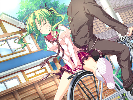 bicycle game - anime, smile, funny, bicycle, green hair, cute