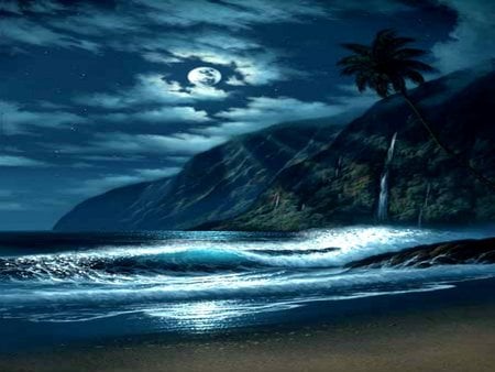 SHINE - clouds, moon, island, night, ocean, stars, waterfall, palm trees, waves, mountains, sky