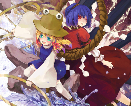 Yasaka and Moriya - touhou, suwako, hat, red, eyes, blue, kanako