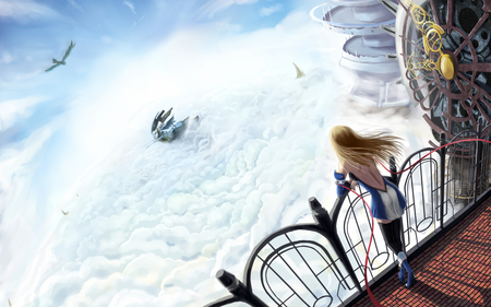 Cloud Sailing - woman, sky, girl, blond, sailing, fantasy, bird, flying, abstract, ship, cloud, clouds, beautiful, city