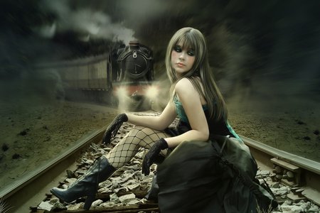 Goth Train - brown, eyes, dress, train, fishnets, brunette, beautiful, hot, gothic, hair, goth, black, fantasy, babe, woman, cute, sexy