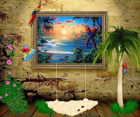 Parrot Island - parrots, tropical, macaw, painting