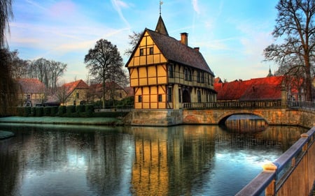 Beautiful Place - beauty, sky, trees, peaceful, water, colorful, road, view, reflection, clouds, river, architecture, green, hdr, house, grass, bridge, houses, building, buildings, lovely, nature, town, beautiful, city, rives, colors