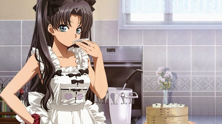 Taste the food - anime, ponytail, food, taster, rin, cute, apron, fate stay night, kitchen, sexy, tohsaka, ribbons