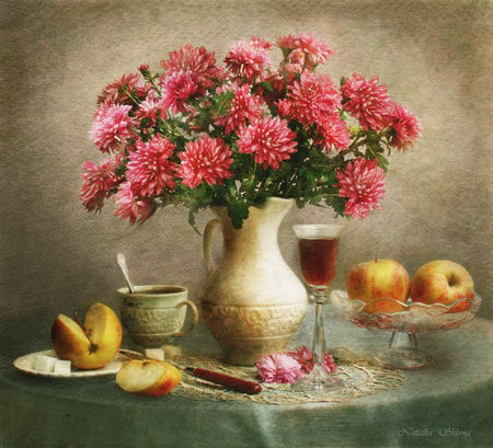 Still life - quiet, tea, morning, pink, still life, flowers, chrysanthemum, fruits, glass, cup