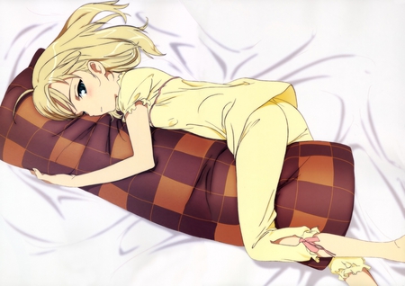 Good Night... - saber, girl, fate stay night, pajamas, arturia, game, yellow, bolsters, red, anime, golden hair, blush, cute, short hair