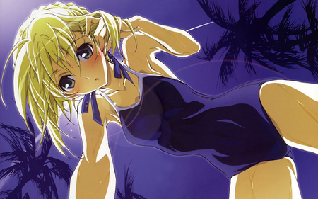 Are you not swim ?? - saber, beach, sunshine, sexy, school, swimsuit, fate stay night, arturia, game, blue, anime, golden hair, blush, ribbon, cute