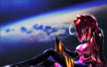 Kagami Sumika - sumika, anime, female, planet, girl, earth, long hair, red eyes, space, red hair, body suit, lone, muv luv, kamagi sumika