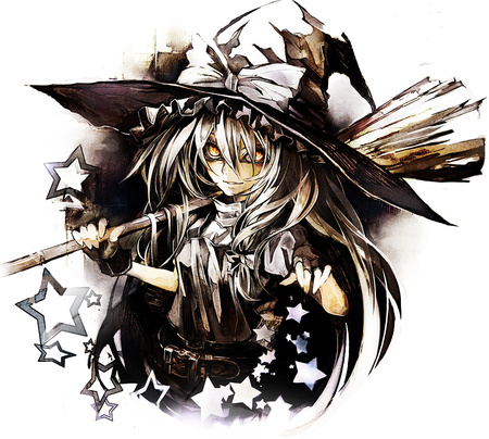 Kirisame Marisa - female, hat, white background, touhou, anime, yellow eyes, stars, girl, long hair, gold eyes, broomstick, gloves, witch, belt, games, marisa, video games, white hair, kirisame marisa